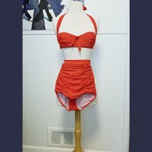 Unique Vintage Red with White Polka Dot Bikini Set